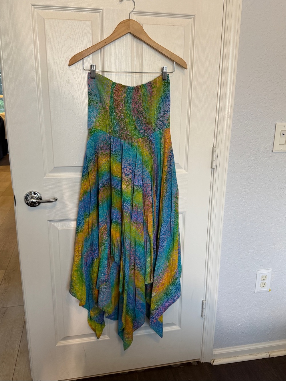 Colorful Boho Maxi Strapless Dress | Smocked Waist | Handkerchief Hem
